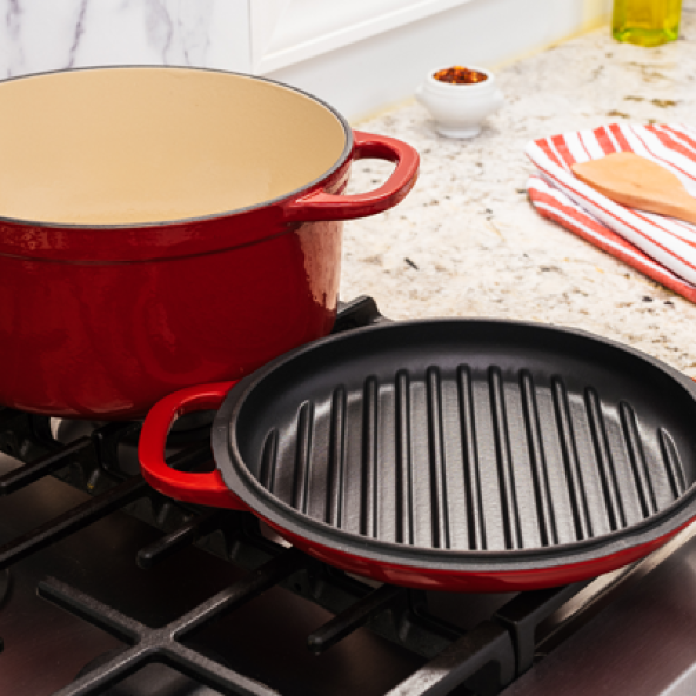 Lodge 7 Quart Essential Enameled Cast Iron Double Dutch Oven- Dual Handles  – Lid Doubles as Grill Pan, Oven Safe up to 500° F or on Stovetop - Use to
