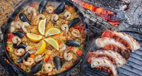 Paella cooked in the Lodge 15'' Carbon Steel Skillet on the Weber Performer  